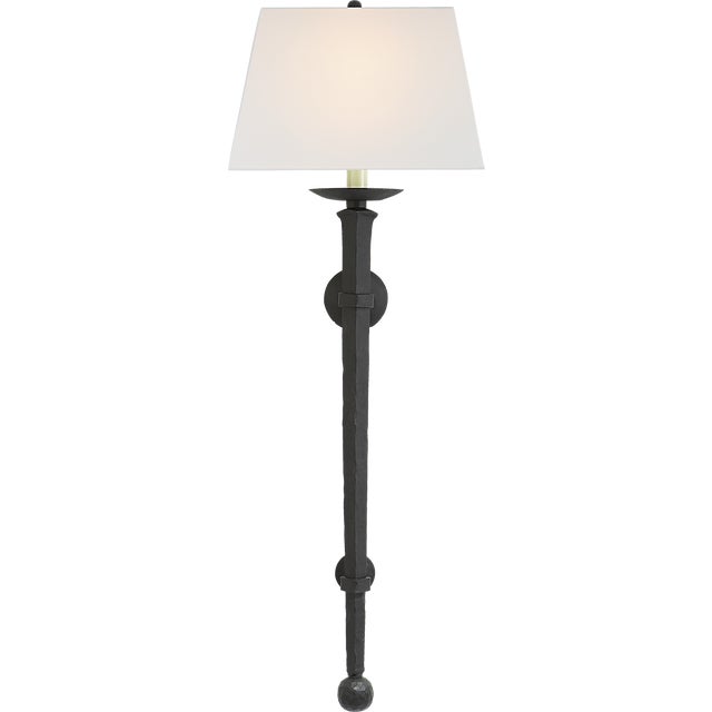 Long Iron Torch in Black Rust with Linen Shade Designer: Chapman & Myers Finish: Blackened Rust Height: 36.5" Width: 13.5"...