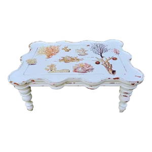 Hand Painted Coastal Coral Reef Scalloped Curved Distressed White Wood Coffee Table