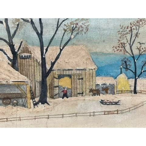Folk Art Winter Farm Scene by Constantine, 1971 – Snowy Americana Landscape For Sale - Image 9 of 9