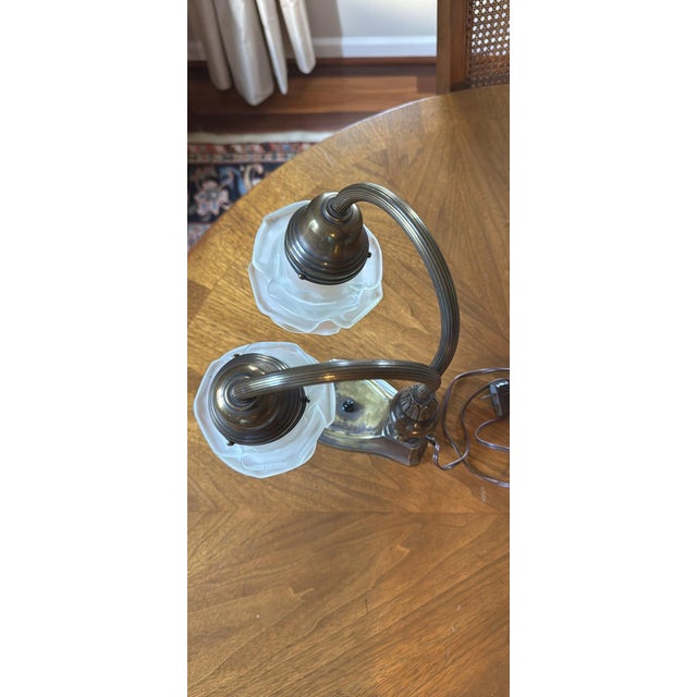 Vintage Art Nouveau Double Gooseneck Lamp - White Frosted Rose Shades For Sale - Image 4 of 9