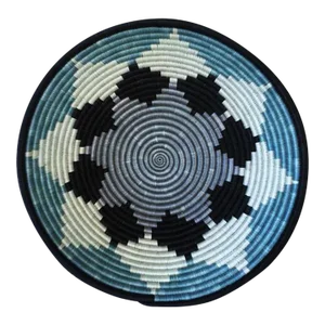 African Rwanda Woven Sweet Grass and Sisal Wall Hanging Basket in Ocean Blue