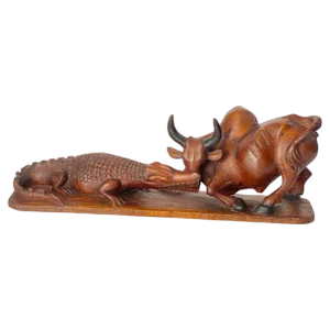 Wood Crocodile and a Bull Fighting Sculpture, France, 1930s