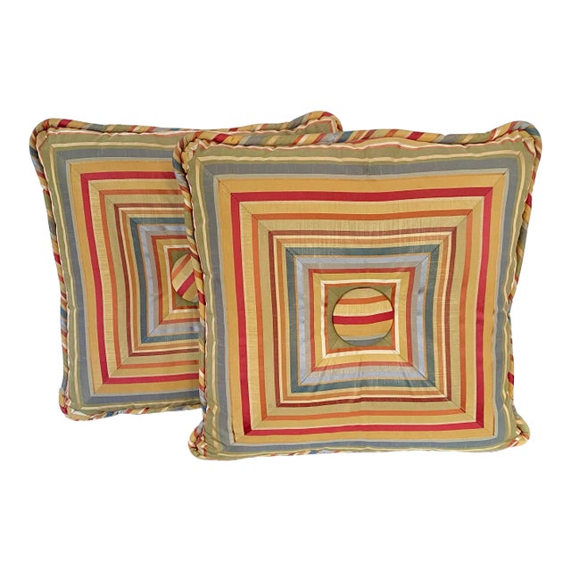 Vintage Colorful Striped Taffeta Square Throw Pillows, a Set of 2 For Sale