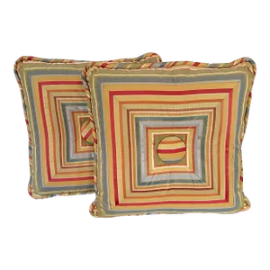 Vintage Colorful Striped Taffeta Square Throw Pillows, a Set of 2