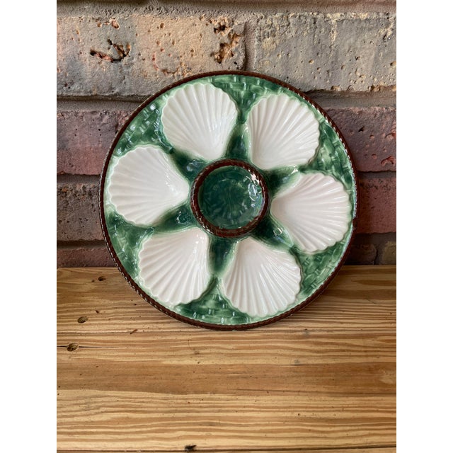 Antique 1920s French Longchamp Majolica Green and White Oyster Plate For Sale - Image 15 of 15
