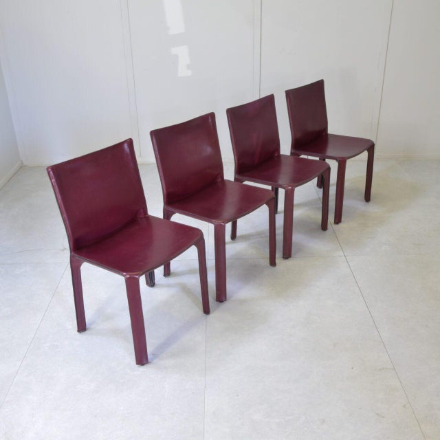 Metal Cab 412 Chairs in Burgundy Leather by Mario Bellini for Cassina, 1970s, Set of 4 For Sale - Image 7 of 14