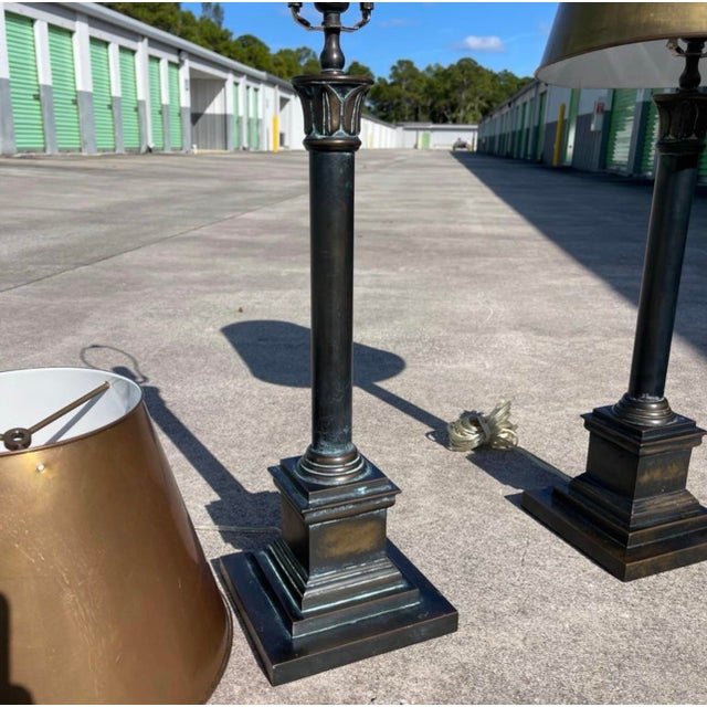 Visual Comforts Patinated Bronze Neo Classical Empire Brass Shade Table Lamps