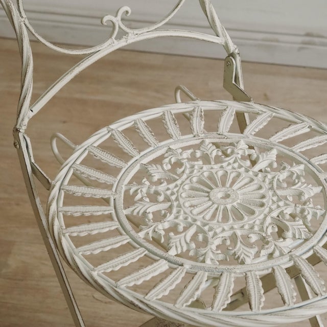 White Folding Garden Seating Set with Openwork Ornamentation White Metal, Set of 3 For Sale - Image 8 of 15