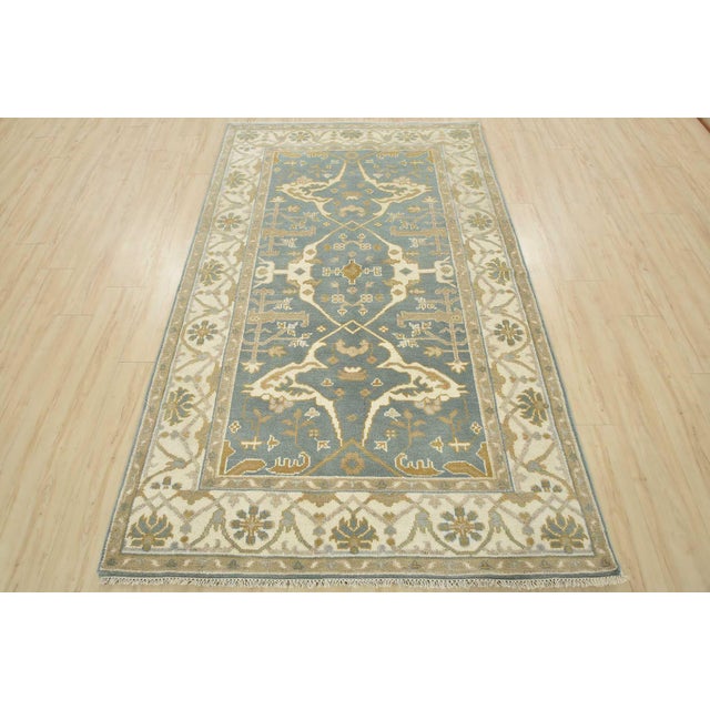 Tribal Oushak Rug 5’1” X 8’2” Blue Wool Tribal Hand-Knotted Oriental Carpet For Sale - Image 3 of 14