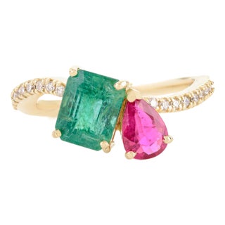 Emerald Ruby Toi Et Moi Wedding Ring With Diamonds Size 5 For Sale