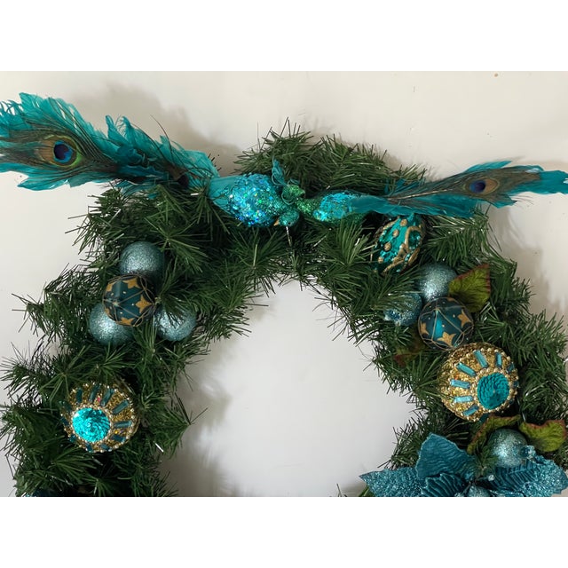 Shabby Chic Splendid Peacock Blue Christmas Wreath Artisan Same Day Shipping For Sale - Image 3 of 5