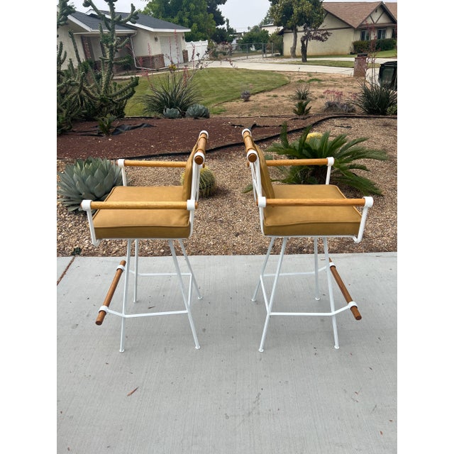 1960s Vintage Mid Century Modern Inca Attributed to Cleo Baldon Swivel Wrought Iron Oak Barstools - Set of 2 For Sale In Palm Springs - Image 6 of 13