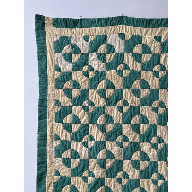 Vintage Teal + Soft Yellow Cotton Drunkard's Path Circle Quilt, Circa 1930s-40s For Sale - Image 4 of 18