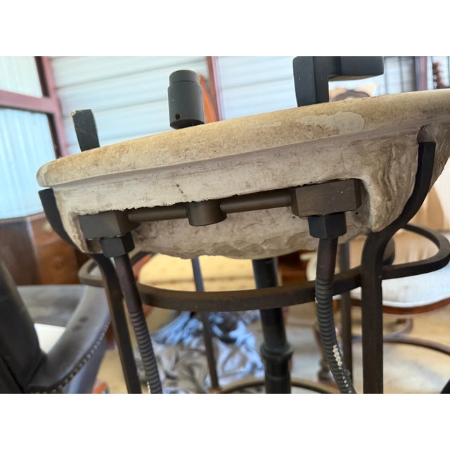 Early 21st Century Artisan Chiseled Travertine Stone Vessel Sink on Hand-Forged Wrought Iron Pedestal For Sale - Image 5 of 9