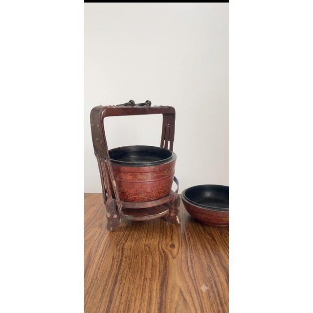 Chinese Antique Chinese Red Lacquer & Gold Gilt 2-Tier Footed Wedding Basket For Sale - Image 3 of 9
