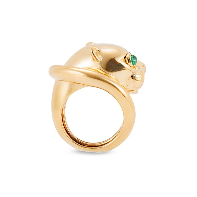 David Webb Vintage David Webb 18k Yellow Gold Emerald Eyes Panther Cocktail Ring, Size 5 For Sale - Image 4 of 9