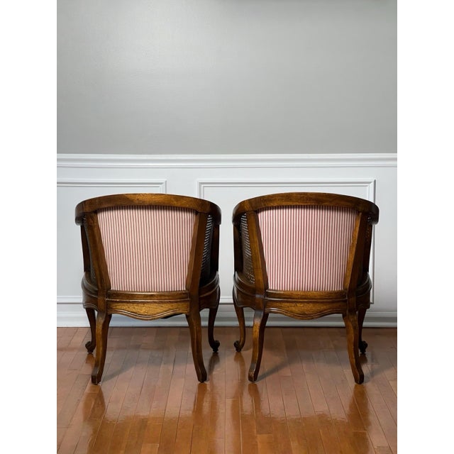 Pair French Louis XV Style Walnut and Cane Barrel Back Bergere Chairs in Toile, 20th C. For Sale In Philadelphia - Image 6 of 13