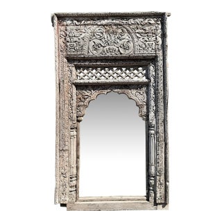 Vintage Carved Wood Distressed Arch Mirror For Sale