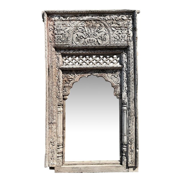 Vintage Carved Wood Distressed Arch Mirror For Sale