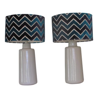 Arteriors White Porcelain Table Lamps with Chevron Shades- A Pair For Sale
