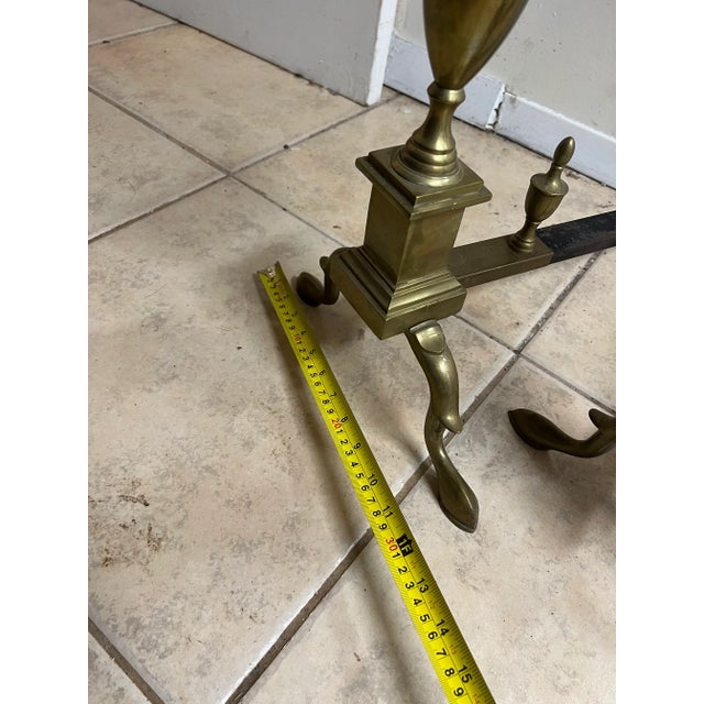 Brass Vintage Pair of Victorian Queen Anne Style Polished Brass Andirons For Sale - Image 8 of 12
