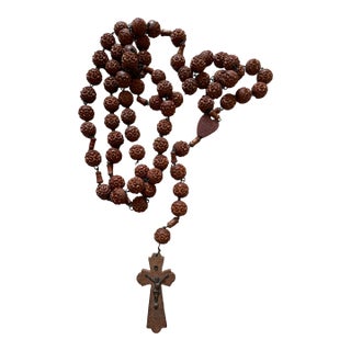 Vintage Large 50 Inch French Roseary Carved Corozo Beads Wooden Cross For Sale