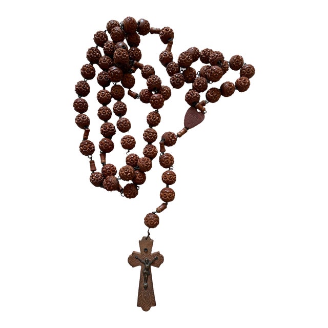 Vintage Large 50 Inch French Roseary Carved Corozo Beads Wooden Cross For Sale
