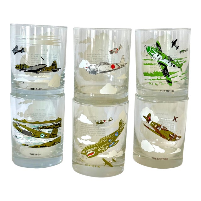 World War II Wwii Planes B-25, Spitfire, Me-109, Zero, B-17, Curtis P-40, Double Old Fashion Lowball Glasses Set of 6 Mid Century Modern For Sale