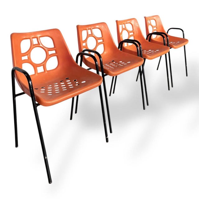 Black Mid-Century Modern Space Age Orange Chairs, 1970s, Set of 4 For Sale - Image 8 of 9