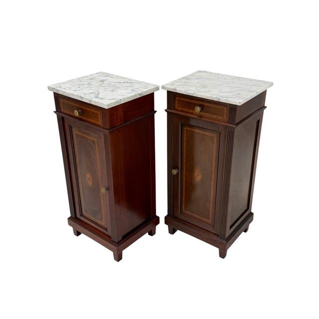 Stunning and elegant pair of Art Nouveau nightstands or bedside tables. Striking Dutch design from the 1900s. Solid walnut...