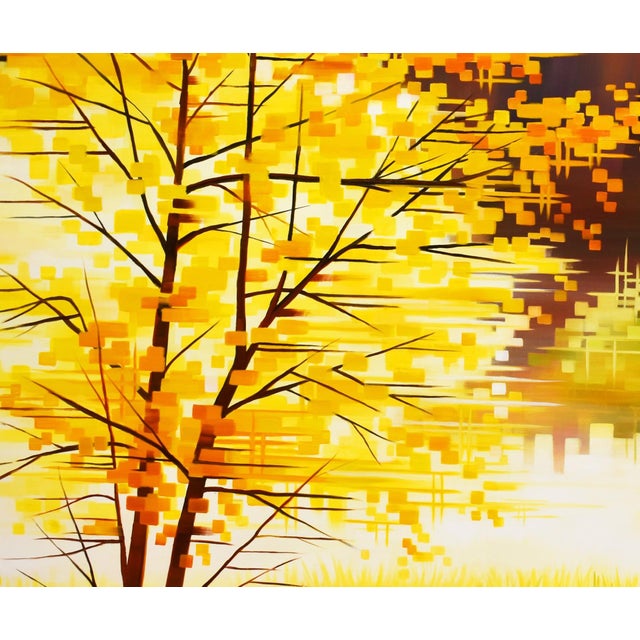 This oil painting captures a vibrant autumn landscape, where trees adorned in brilliant yellows and greens create a...
