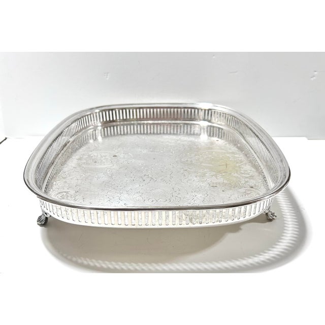Antique Silverplate Footed Gallery Tray With Engraved Surface and Cast Feet, C. 1900 For Sale In Louisville - Image 6 of 12