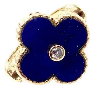 Van Cleef & Arpels Alhambra Yellow Gold Lapis Lazuli Diamond Ring Sz 4