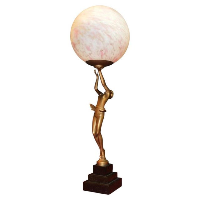 Art Deco French Bronze Dancer Table Lamp with Opaline Glass Globe, 1930s For Sale - Image 3 of 18
