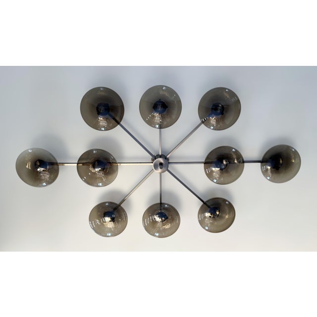 Italian midcentury flush mount with ten smoky Murano glass shades mounted on solid brass frame in satin black nickel...