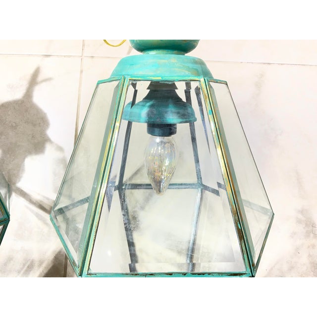 1980s Stunning Pair of Vintage Solid Brass & Glass Geometric Hanging Lanterns - a Pair For Sale - Image 15 of 16