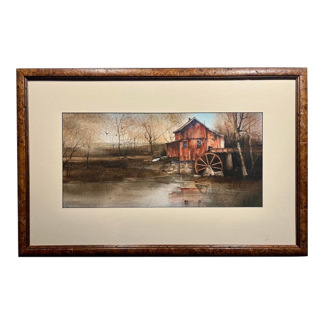 1989 Vintage Original Watermill Watercolor Painting Signed and Framed For Sale