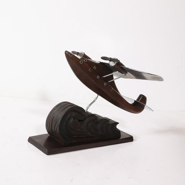 Art Deco Anthoine Art Bois Carved Wood and Metal Seaplane Model on Stand For Sale - Image 4 of 14
