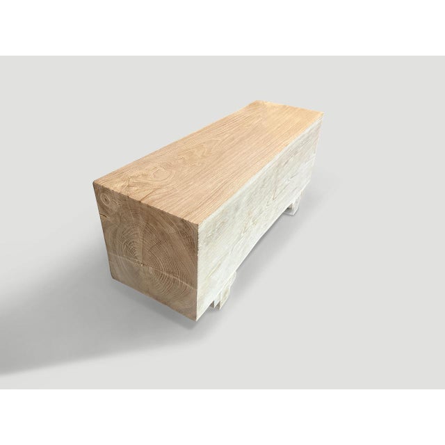 Andrianna Shamaris Minimalist Bleached Teak Wood Log Style Bench For Sale - Image 4 of 5