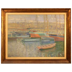 20th Century Painting of Ships in Harbor