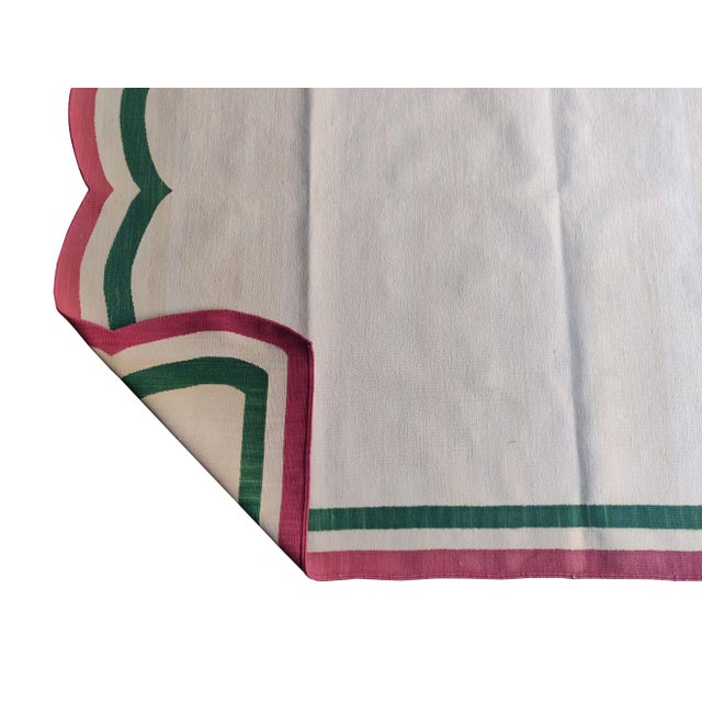 Handmade Cotton Scalloped Rug, Cream with Green and Raspberry Border 6'x9' For Sale - Image 6 of 9