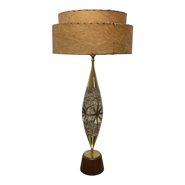 Mid-Century Mod - Brass and Ceramic Painted Lamp With Two-Tiered Shade For Sale
