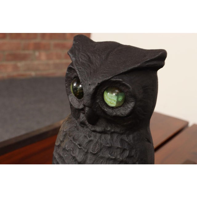 Vintage Cast Iron Perched Owl Andirons With Blue Green Glass Eyes For Sale - Image 14 of 18