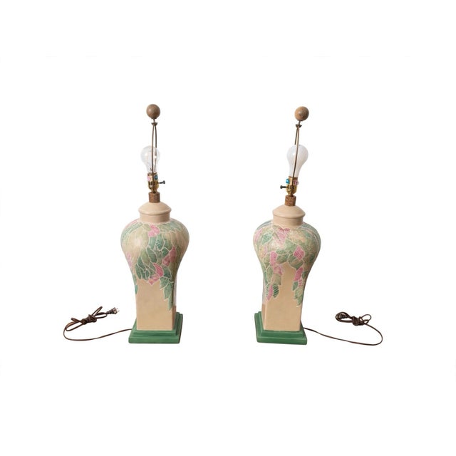 Postmodern Pair Vintage Francisco Ceja Tropical Leaf Lamps, Postmodern Pastel Palm Leaf Design Set of 2 For Sale - Image 3 of 9