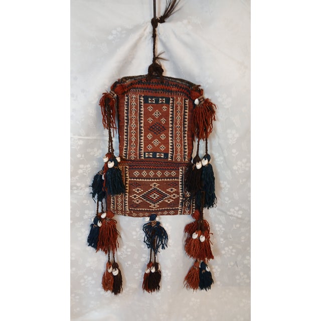 Antique Baluch Tribal Salt Bag With Cowrie Shell Tassels in Brown & Indigo For Sale - Image 15 of 18