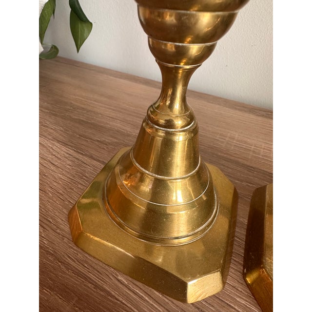 Late 20th Century Vintage Solid Brass Octagonal Candlesticks With Swirl Glass Bobeches, Pair For Sale - Image 5 of 13