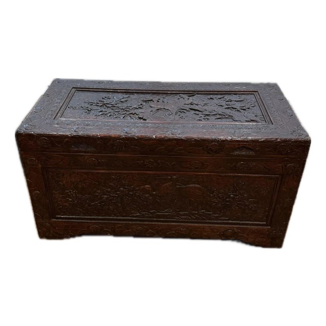 Vintage Large Chinese Carved Camphor Wood Storage Chest For Sale