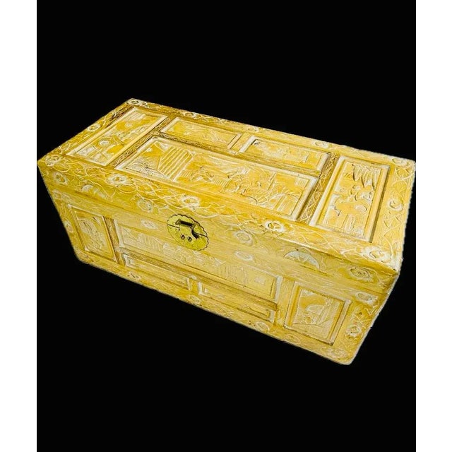 Chinoiserie Early 20th Century Yellow Chinese Carved Camphor Wood Chest For Sale - Image 3 of 9