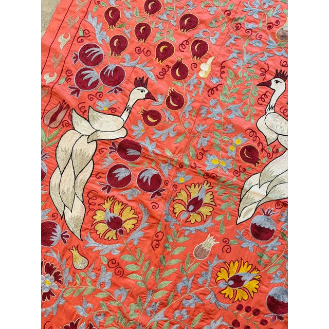 Textile Coral Silk Suzani Wall Hanging With White Peacocks For Sale - Image 7 of 10