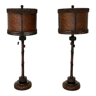 Bamboo Style Lamps With Oval, Wovan Shades For Sale